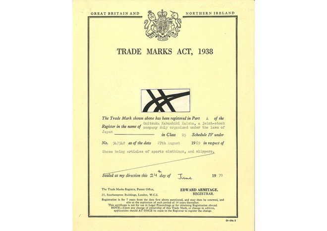 The earliest trademark registration of the ASICS stripes was in the United Kingdom. Source: ASICS