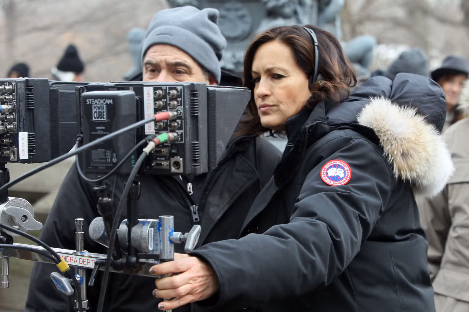 Mariska Hargitay stays warm in her Canada Goose parka while behind the camera. Source: Canada Goose
