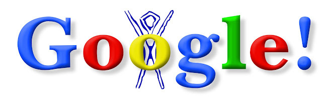 The 1998 Google homepage with a Burning Man stick figure behind the second O of the logo