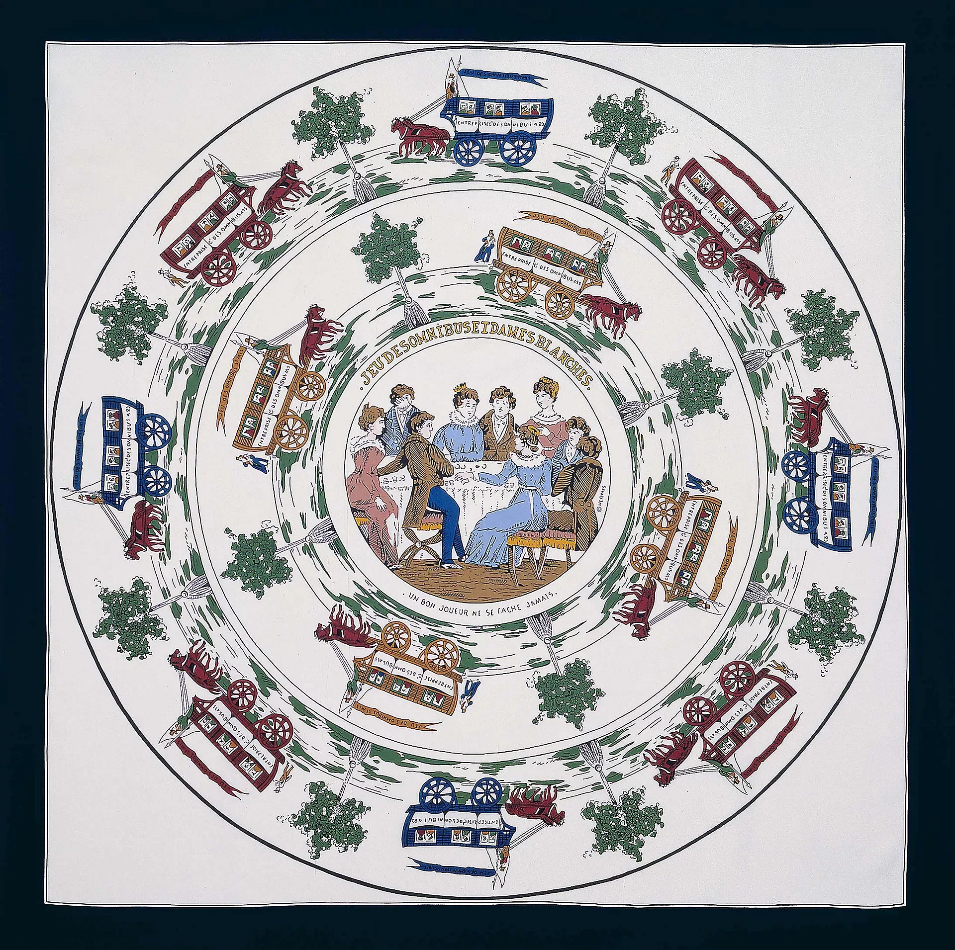 The 1937 Hermès carré Jeu des Omnibus et Dames Blanches depicting horse-drawn coaches. Source: Hermès