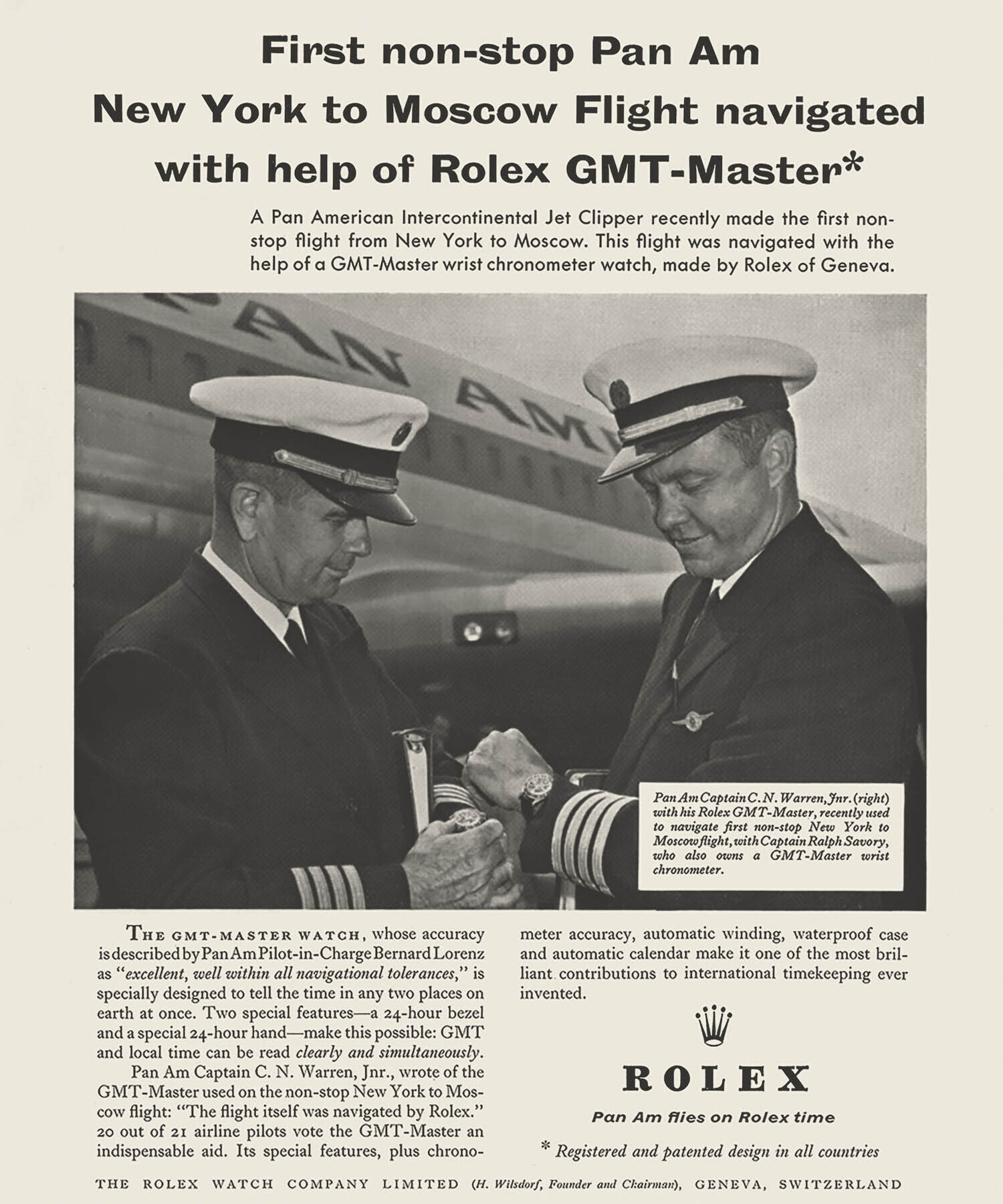 Rolex advertisement celebrating the first non-stop transatlantic flight by Pan Am during which Captain C. N. Warren wore a GMT-Master