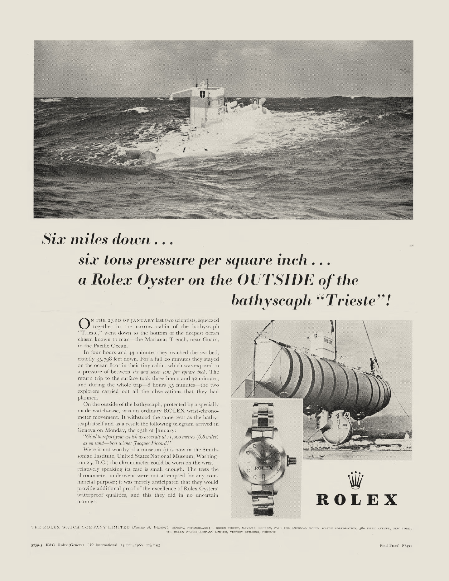 The advertisement underlined the waterproof qualities of the Oyster. Source: Rolex