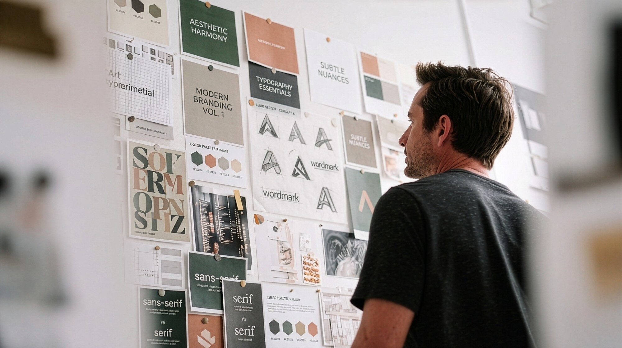 A designer looks at a wall of pinned sheets with logo sketches, colour palettes and type samples. AI-generated image.