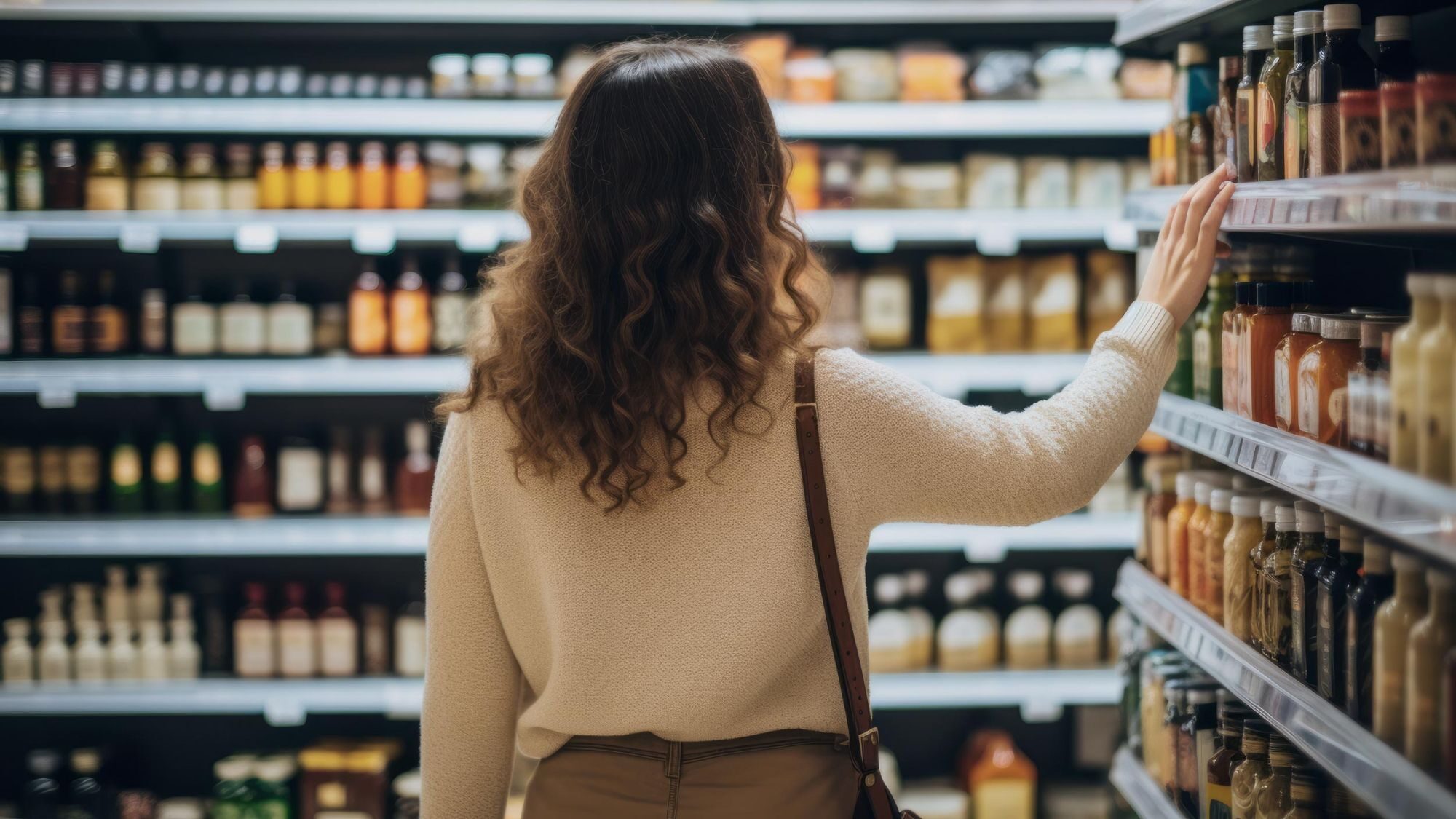 A woman seen from behind reaches for a bottle on a fully stocked supermarket shelf.