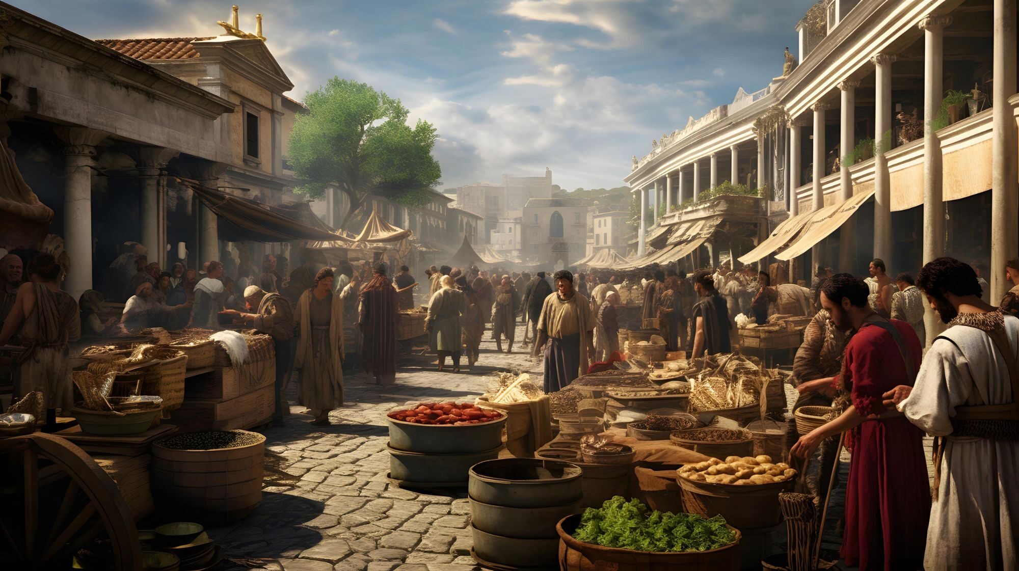 Illustration of a busy market street in an ancient Mediterranean city, with stalls of grain, olives and vegetables.