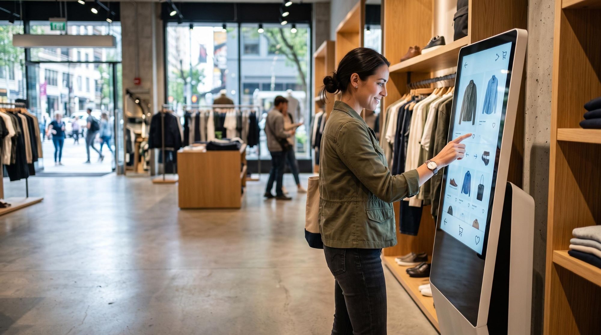 A woman in a clothing store browses products on a large touchscreen next to the shelves. AI-generated image.
