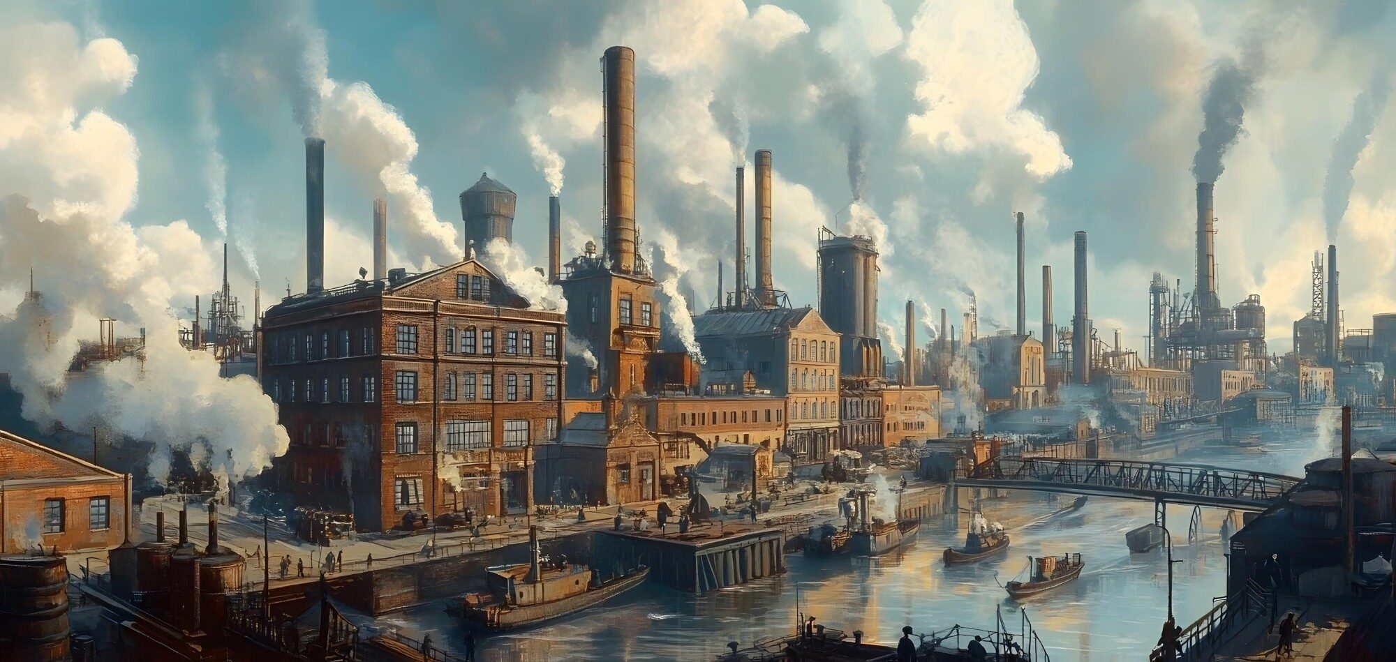 Painted view of an industrial town with brick factories, smoking chimneys and steamboats on a canal. AI-generated image.